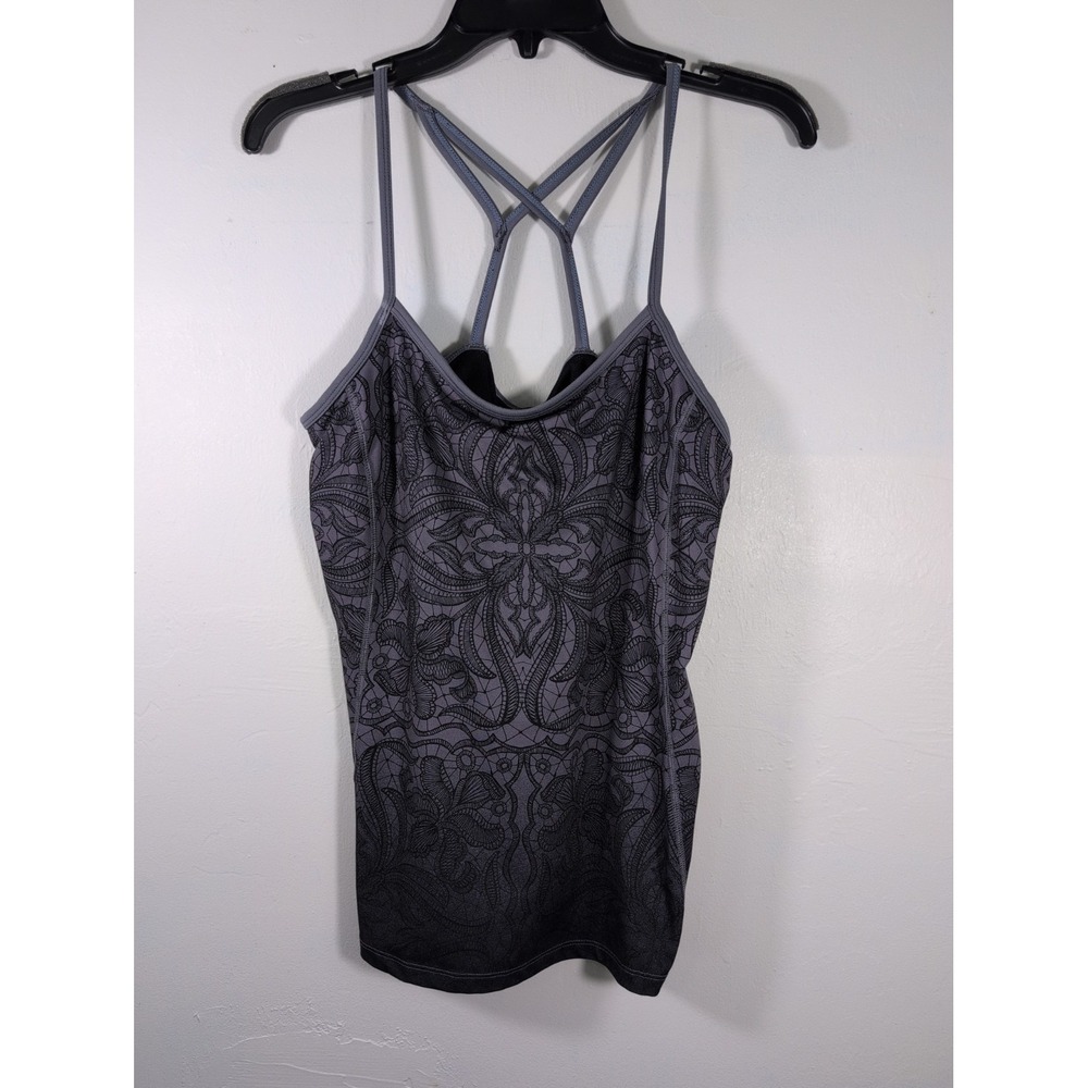 Athleta Women's Sz L Harmonious Gray Floral Athletic Tank Top Race Back Stretch